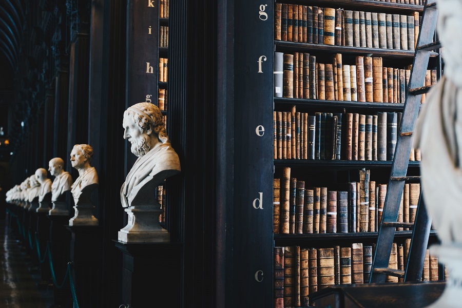 Library of ancient books lined with busts of great thinkers. Free coaching resources and exercises from Joe Hendley Mayo Ireland