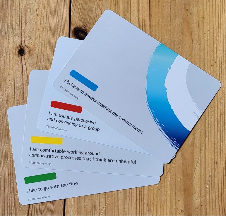 Lumina Team coaching cards with statements for 4 personality types so staff can understand how they are perceived by others